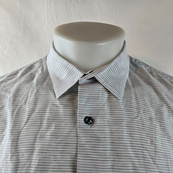 Vince Shirt Mens Large Gray Blue Striped Button Up Linen Cotton Ombre Preppy - Picture 2 of 10